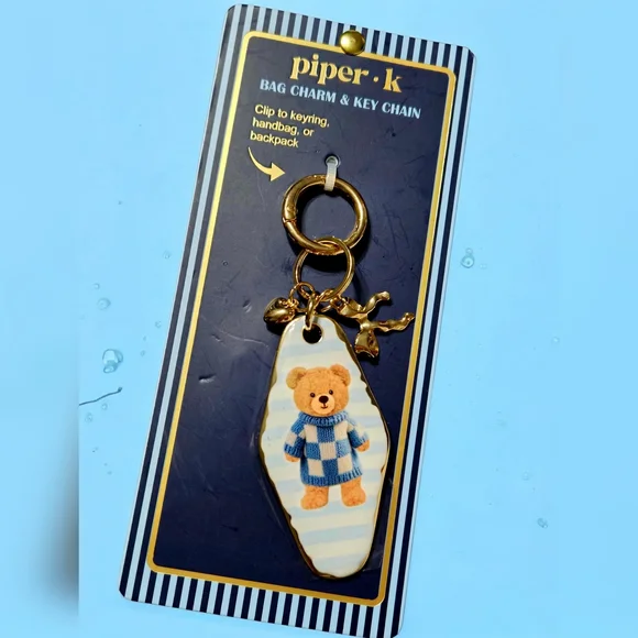 NEW Piper K Blue and Gold Teddy Bear Bag Charm Keychain NWT - Picture 3 of 3